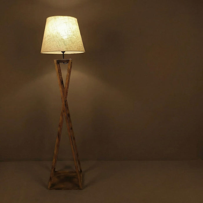 Monica Wooden Floor Lamp With Brown Base and Beige Fabric Lampshade