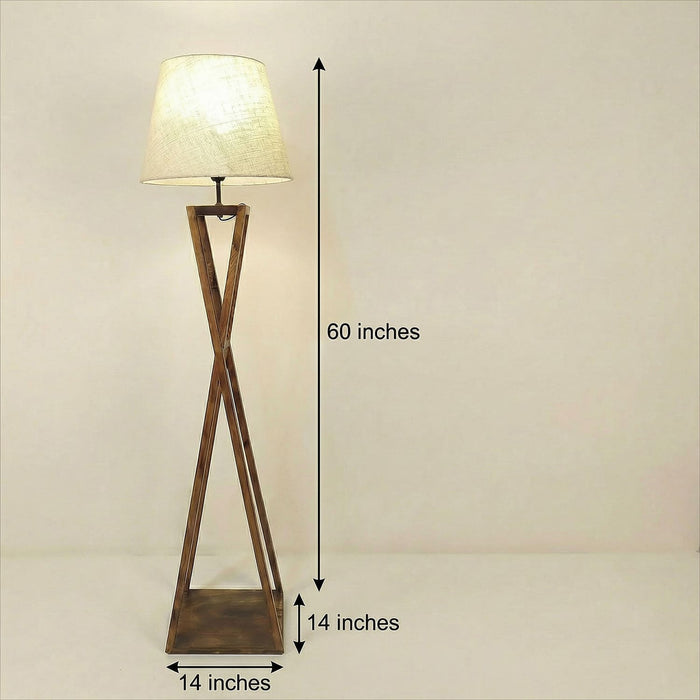 Monica Wooden Floor Lamp With Brown Base and Beige Fabric Lampshade