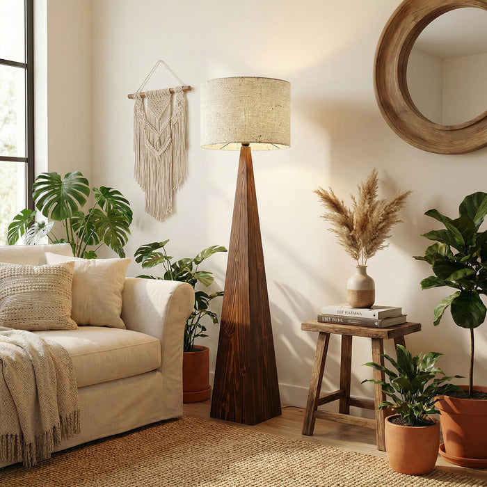 Monolith Wooden Floor Lamp with Brown Base and Jute Fabric Lampshade
