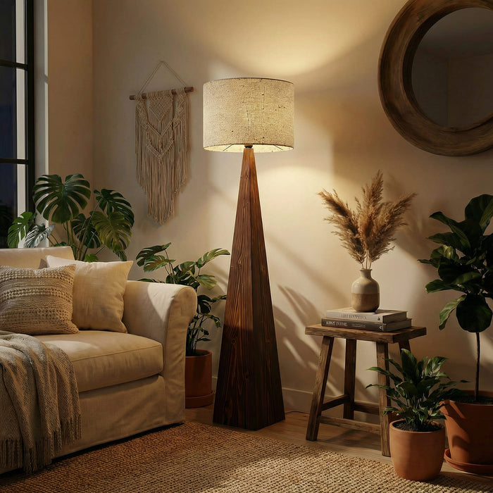 Monolith Wooden Floor Lamp with Brown Base and Jute Fabric Lampshade