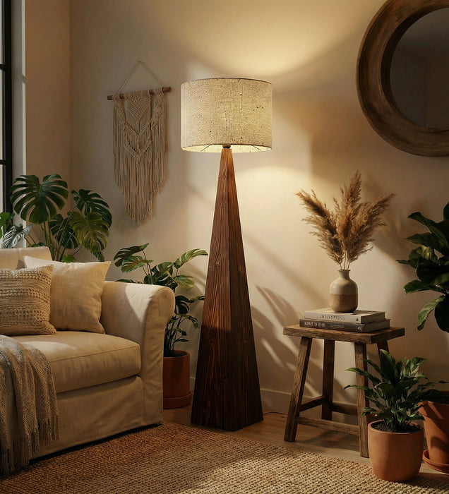 Monolith Wooden Floor Lamp with Brown Base and Jute Fabric Lampshade