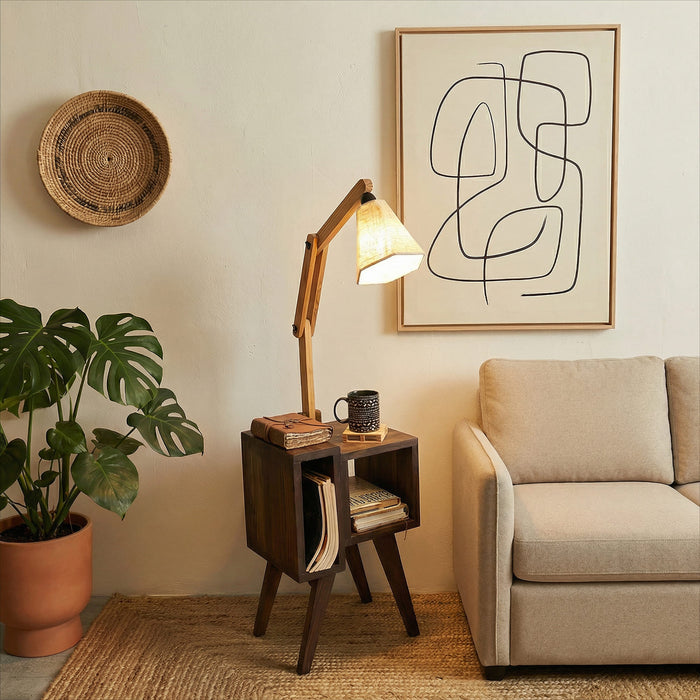 Noel Wooden Floor Lamp with Brown Base and Jute Fabric Lampshade