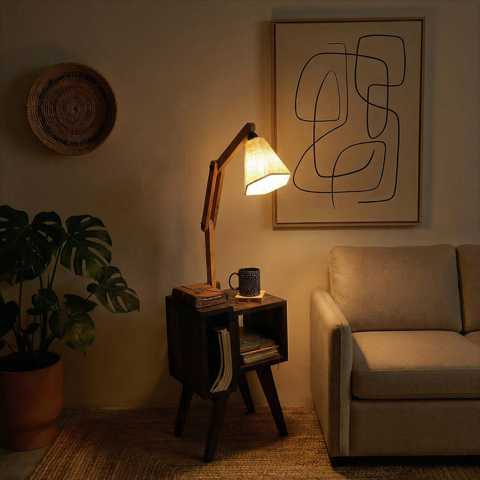 Noel Wooden Floor Lamp with Brown Base and Jute Fabric Lampshade