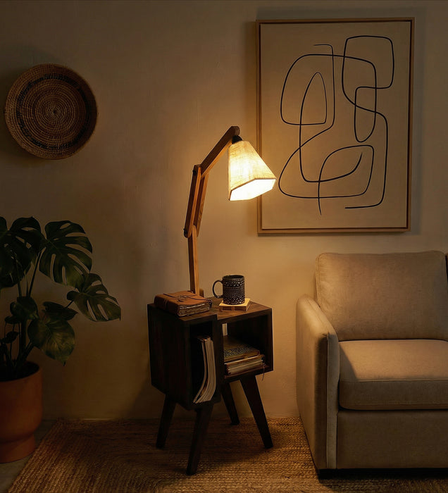 Noel Wooden Floor Lamp with Brown Base and Jute Fabric Lampshade