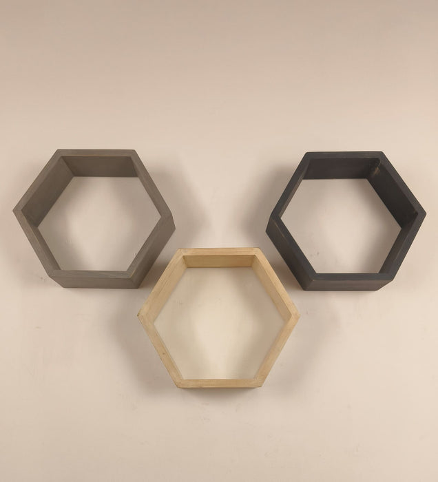 OLIVER III Hexagonal Shaped Set of 3 Wooden Wall Shelves