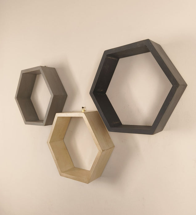 OLIVER III Hexagonal Shaped Set of 3 Wooden Wall Shelves