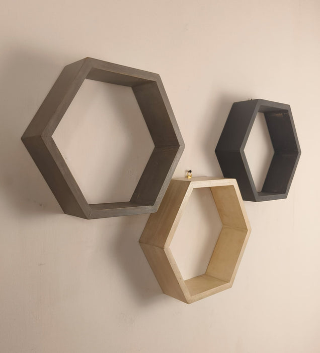 OLIVER III Hexagonal Shaped Set of 3 Wooden Wall Shelves