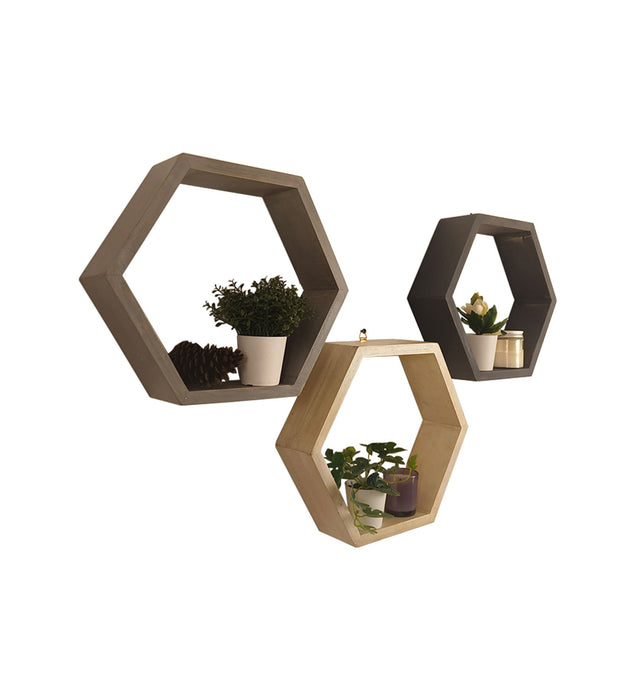 OLIVER III Hexagonal Shaped Set of 3 Wooden Wall Shelves