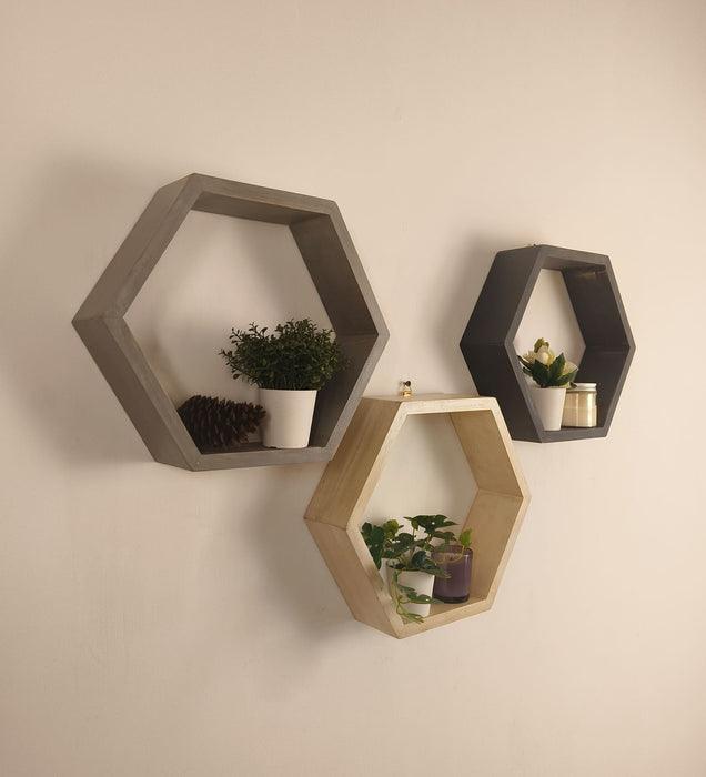 OLIVER III Hexagonal Shaped Set of 3 Wooden Wall Shelves