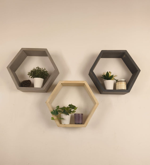 OLIVER III Hexagonal Shaped Set of 3 Wooden Wall Shelves