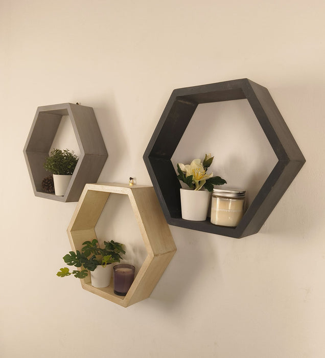 OLIVER III Hexagonal Shaped Set of 3 Wooden Wall Shelves