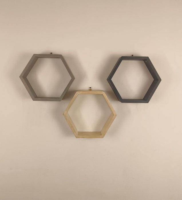 OLIVER III Hexagonal Shaped Set of 3 Wooden Wall Shelves