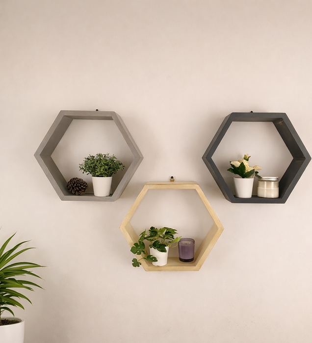 OLIVER III Hexagonal Shaped Set of 3 Wooden Wall Shelves