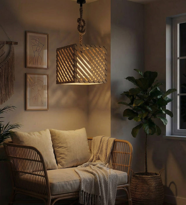 Oblique Brown Wooden Single Hanging Lamp