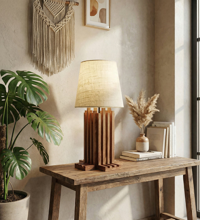 Palisade Brown Wooden Table Lamp with White Fabric Lampshade