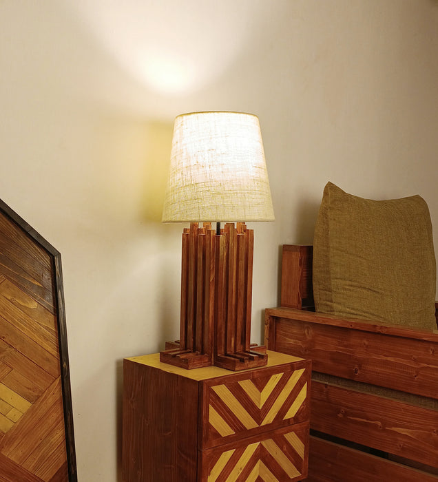 Palisade Brown Wooden Table Lamp with White Fabric Lampshade