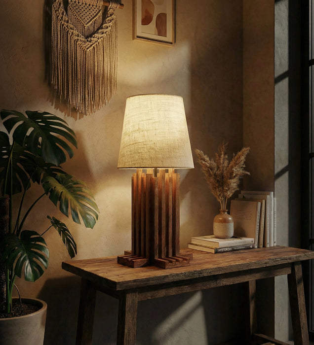 Palisade Brown Wooden Table Lamp with White Fabric Lampshade