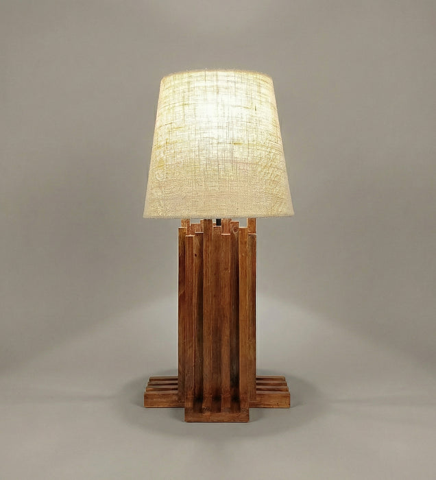 Palisade Brown Wooden Table Lamp with White Fabric Lampshade