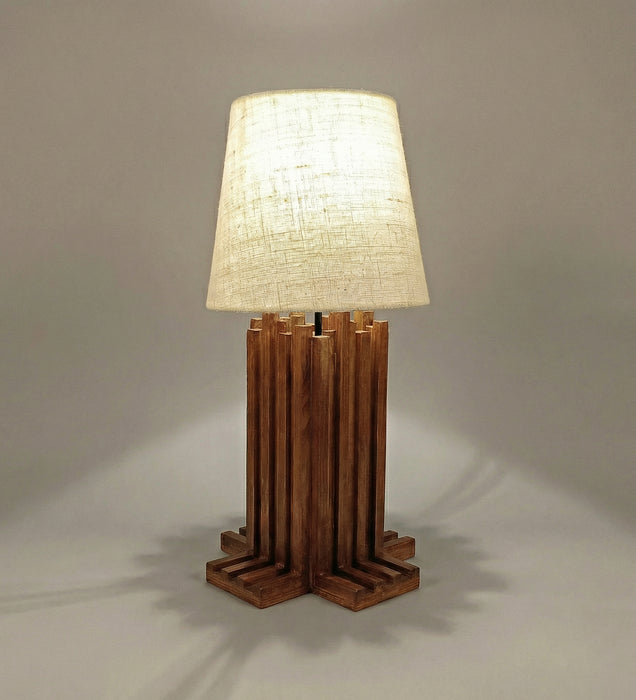 Palisade Brown Wooden Table Lamp with White Fabric Lampshade