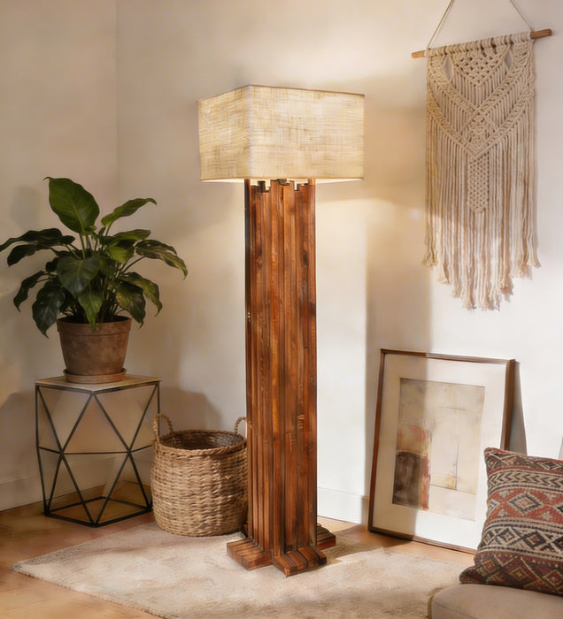 Palisade Wooden Floor Lamp With Brown Base and Beige Fabric Lampshade