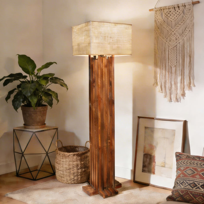 Palisade Wooden Floor Lamp With Brown Base and Beige Fabric Lampshade
