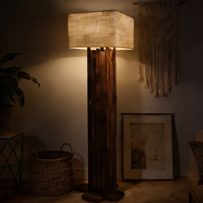 Palisade Wooden Floor Lamp With Brown Base and Beige Fabric Lampshade