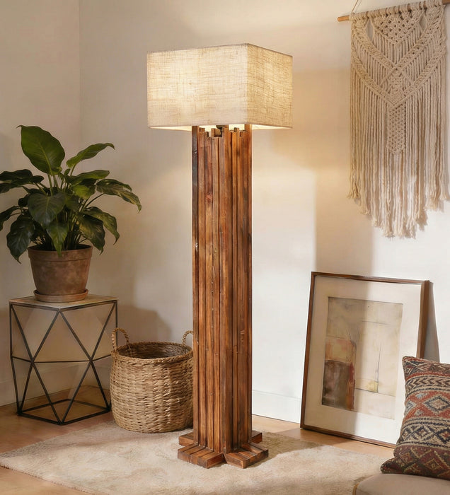 Palisade Wooden Floor Lamp With Brown Base and Beige Fabric Lampshade