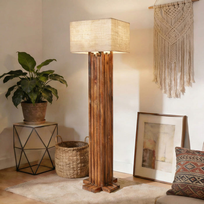 Palisade Wooden Floor Lamp With Brown Base and Beige Fabric Lampshade
