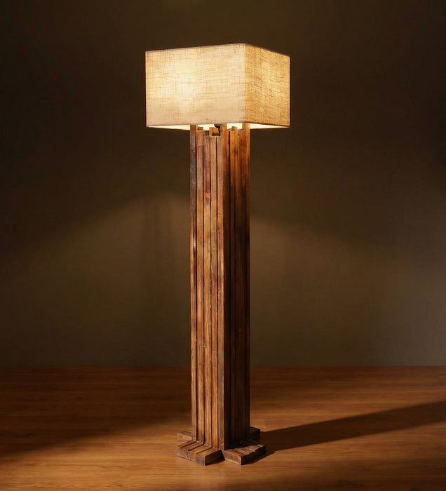 Palisade Wooden Floor Lamp With Brown Base and Beige Fabric Lampshade