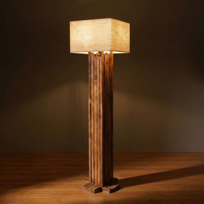 Palisade Wooden Floor Lamp With Brown Base and Beige Fabric Lampshade