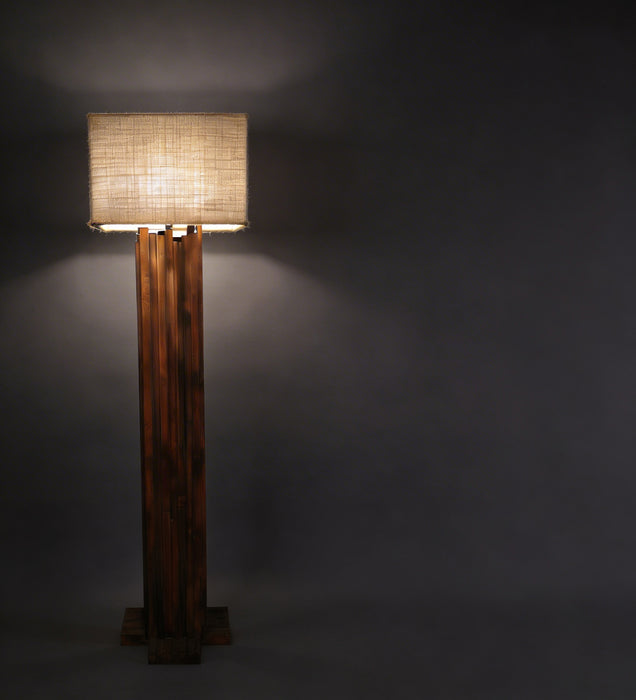Palisade Wooden Floor Lamp With Brown Base and Beige Fabric Lampshade
