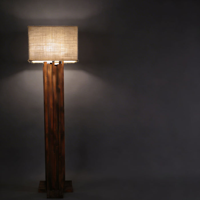Palisade Wooden Floor Lamp With Brown Base and Beige Fabric Lampshade