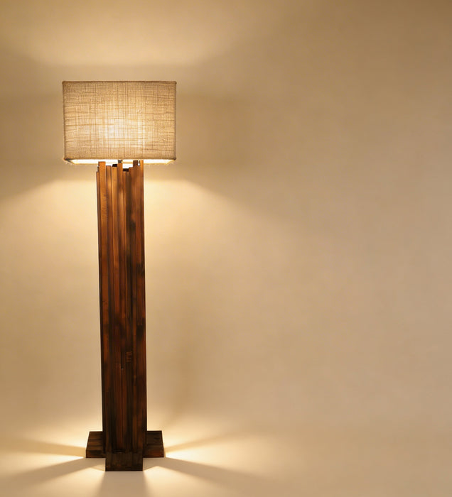 Palisade Wooden Floor Lamp With Brown Base and Beige Fabric Lampshade