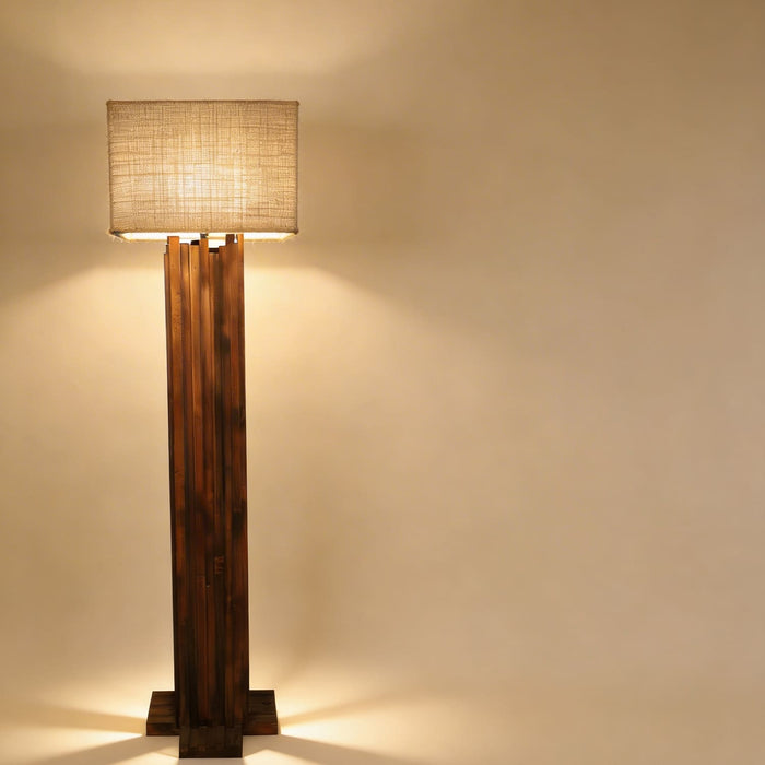 Palisade Wooden Floor Lamp With Brown Base and Beige Fabric Lampshade