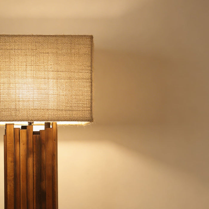 Palisade Wooden Floor Lamp With Brown Base and Beige Fabric Lampshade