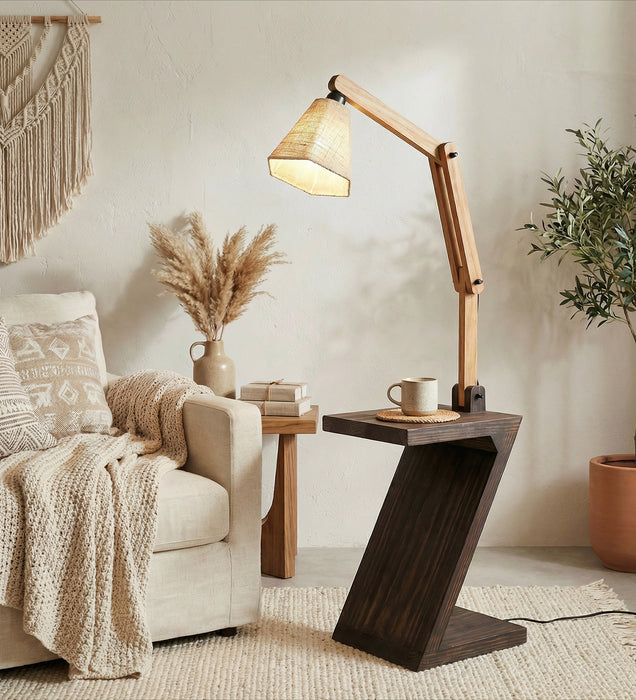 Patrice Wooden Floor Lamp with Brown Base and Jute Fabric Lampshade