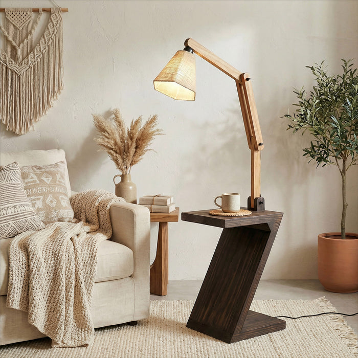 Patrice Wooden Floor Lamp with Brown Base and Jute Fabric Lampshade