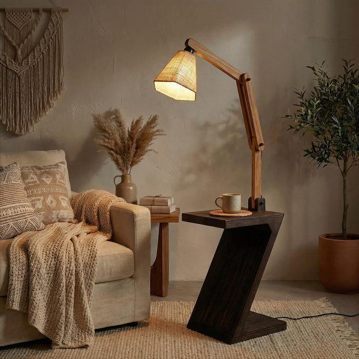 Patrice Wooden Floor Lamp with Brown Base and Jute Fabric Lampshade