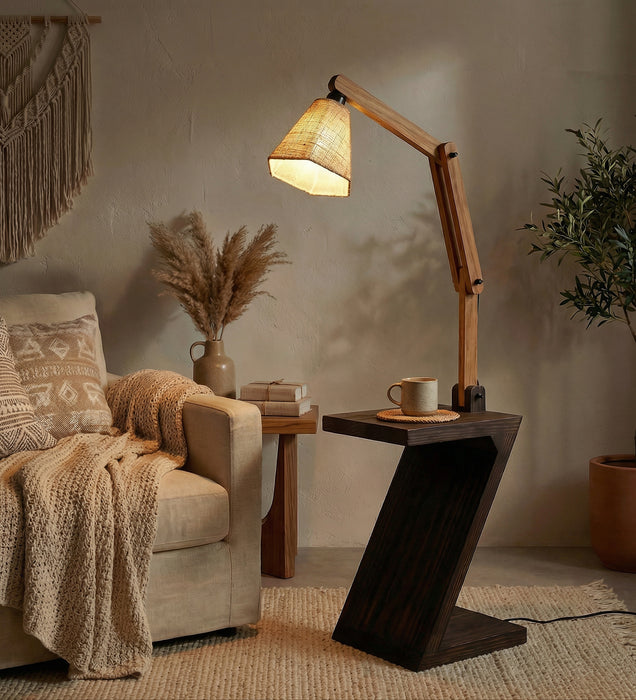 Patrice Wooden Floor Lamp with Brown Base and Jute Fabric Lampshade