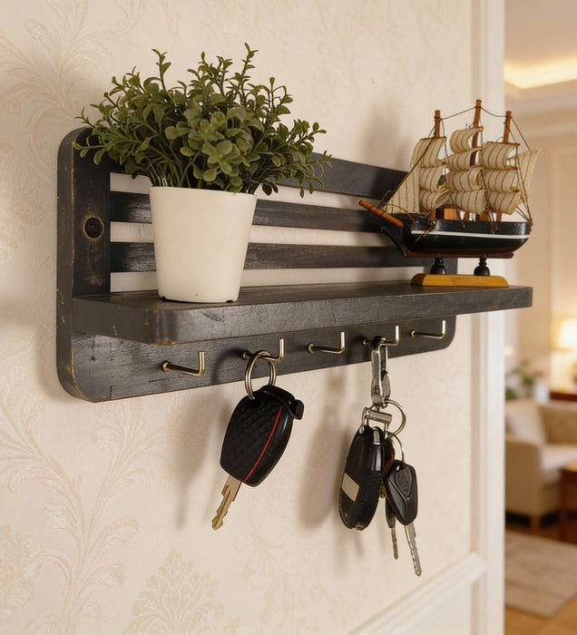 REGUS Wooden Wall Shelf Organiser with Key Holders