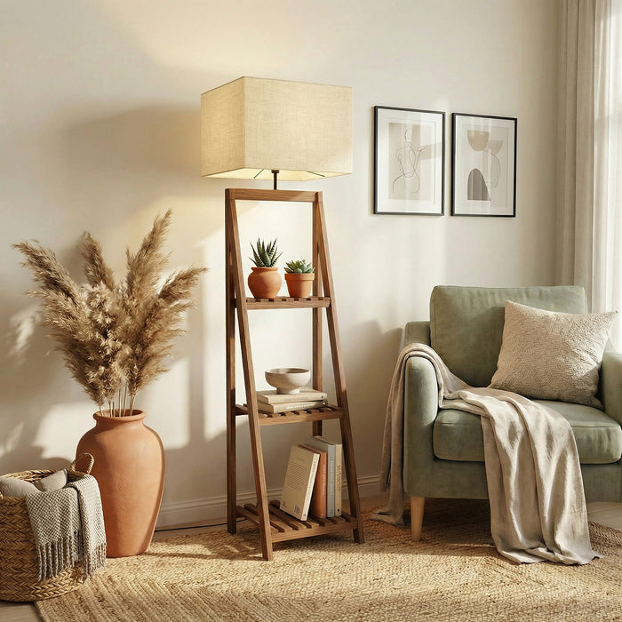 Raphael Wooden Floor Lamp with Brown Base and Jute Fabric Lampshade