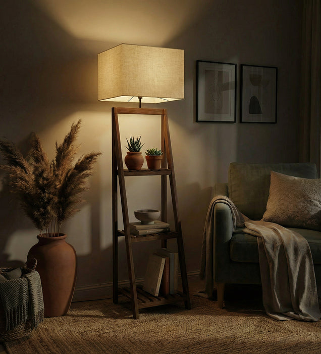 Raphael Wooden Floor Lamp with Brown Base and Jute Fabric Lampshade