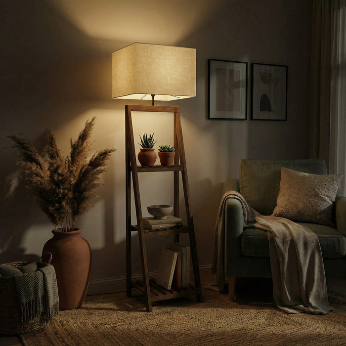 Raphael Wooden Floor Lamp with Brown Base and Jute Fabric Lampshade