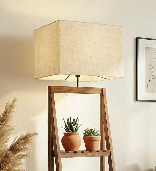 Raphael Wooden Floor Lamp with Brown Base and Jute Fabric Lampshade