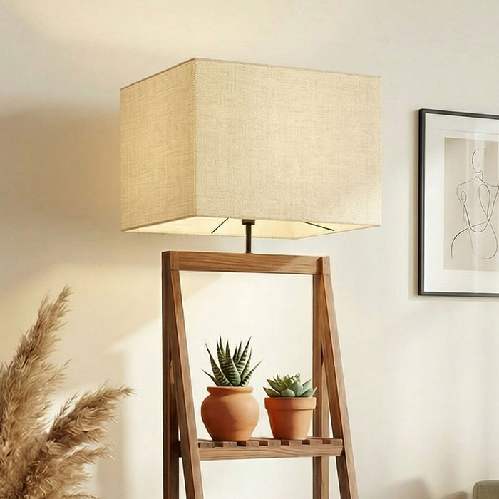 Raphael Wooden Floor Lamp with Brown Base and Jute Fabric Lampshade