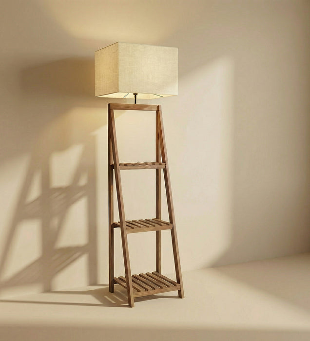Raphael Wooden Floor Lamp with Brown Base and Jute Fabric Lampshade