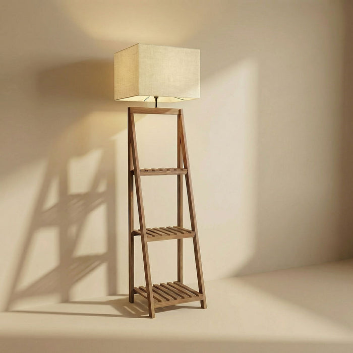 Raphael Wooden Floor Lamp with Brown Base and Jute Fabric Lampshade
