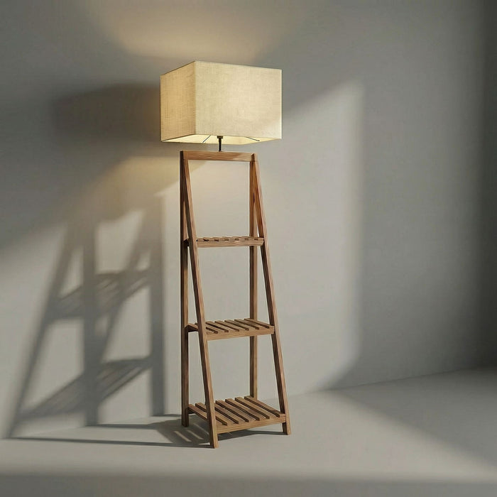 Raphael Wooden Floor Lamp with Brown Base and Jute Fabric Lampshade