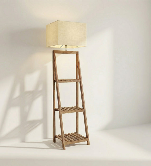 Raphael Wooden Floor Lamp with Brown Base and Jute Fabric Lampshade