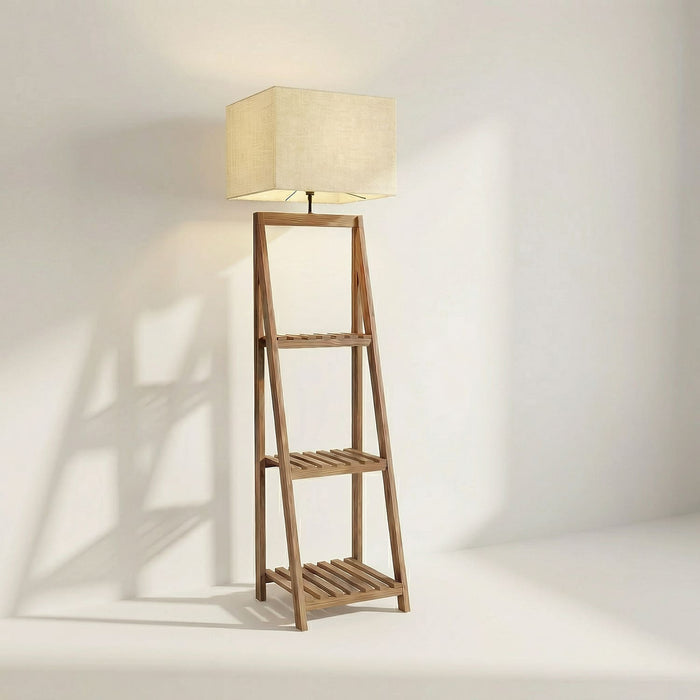 Raphael Wooden Floor Lamp with Brown Base and Jute Fabric Lampshade